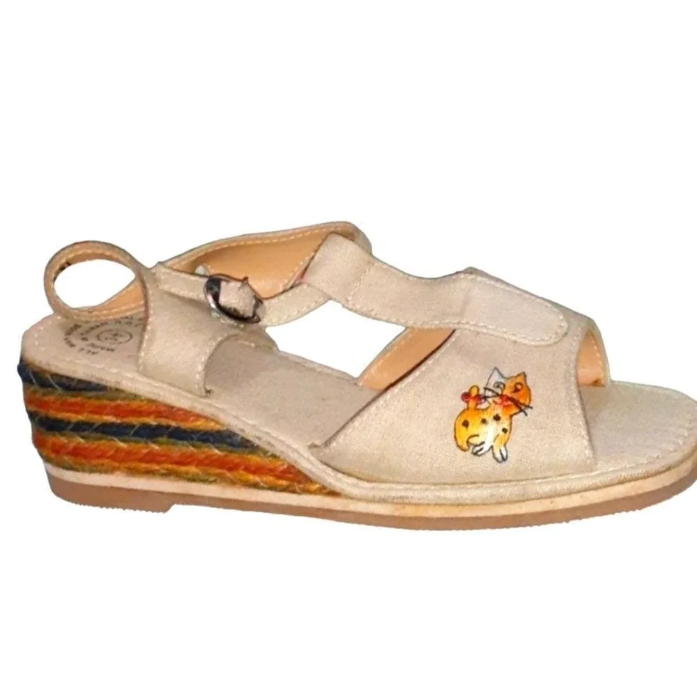 70s Vintage Kids Tan Wedge Sandals with Cute Cat Embroidery Espadrille‎ rainbow